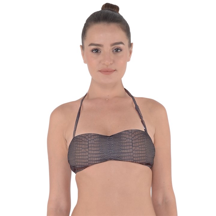 Brown Alligator Leather Skin Halter Bandeau Bikini Top