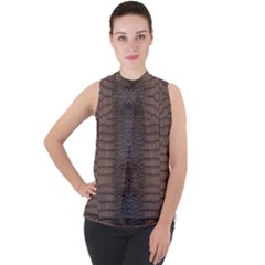 Brown Alligator Leather Skin Mock Neck Chiffon Sleeveless Top by LoolyElzayat