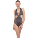 Brown Alligator Leather Skin Halter Front Plunge Swimsuit View1