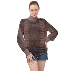 Brown Alligator Leather Skin High Neck Long Sleeve Chiffon Top by LoolyElzayat