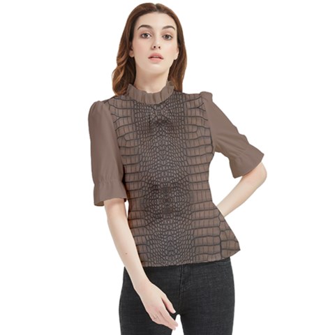 Brown Alligator Leather Skin Frill Neck Blouse by LoolyElzayat