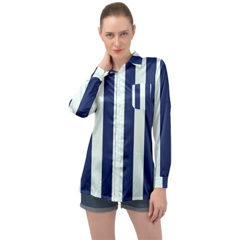 Navy In Vertical Stripes Long Sleeve Satin Shirt by Janetaudreywilson