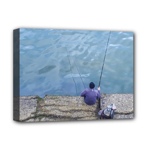 Senior Man Fishing At River, Montevideo, Uruguay001 Deluxe Canvas 16  X 12  (stretched)  by dflcprintsclothing