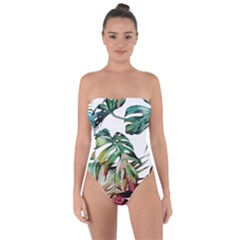 Watercolor Monstera Leaves Tie Back One Piece Swimsuit by goljakoff