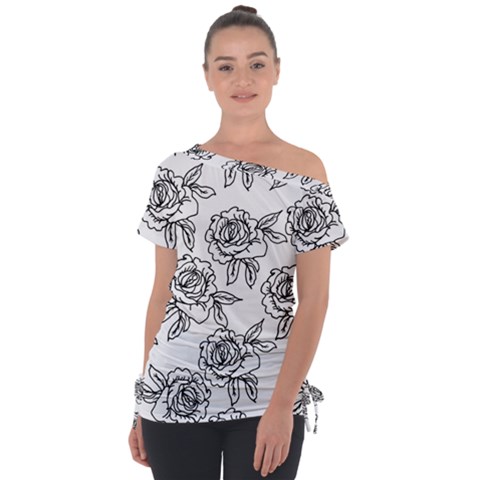 Line Art Black And White Rose Tie-up Tee by MintanArt