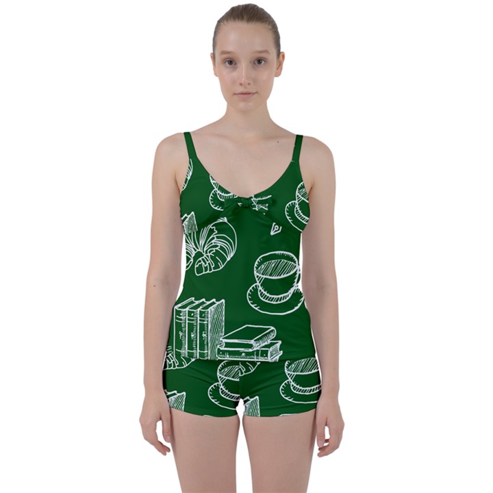 Books And Baked Goods Pattern Tie Front Two Piece Tankini