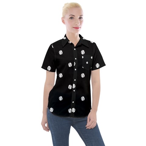 Black And White Baseball Motif Pattern Women s Short Sleeve Pocket Shirt by dflcprintsclothing