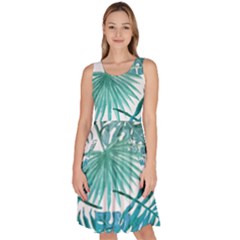 Blue Tropical Leaves Knee Length Skater Dress With Pockets by goljakoff