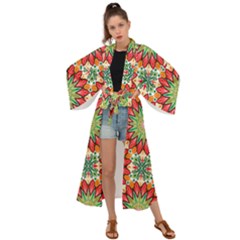 Red Green Floral Pattern Maxi Kimono by designsbymallika