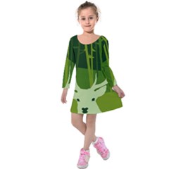 Forest Deer Tree Green Nature Kids  Long Sleeve Velvet Dress by HermanTelo