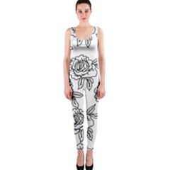 Line Art Black And White Rose One Piece Catsuit by MintanArt