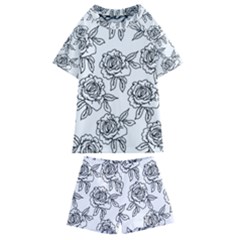 Line Art Black And White Rose Kids  Swim Tee And Shorts Set by MintanArt