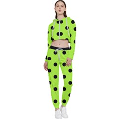 Large Black Polka Dots On Chartreuse Green - Cropped Zip Up Lounge Set by FashionLane