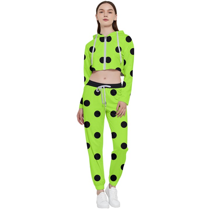 Large Black Polka Dots On Chartreuse Green - Cropped Zip Up Lounge Set