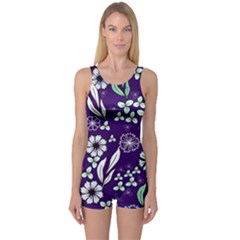 Floral Blue Pattern One Piece Boyleg Swimsuit by MintanArt