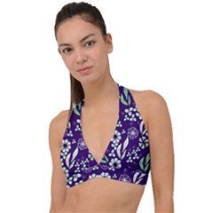 Floral Blue Pattern  Halter Plunge Bikini Top by MintanArt