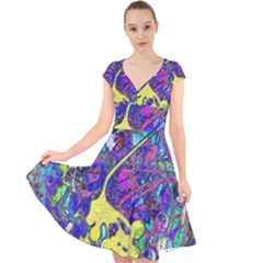 Vibrant Abstract Floral/rainbow Color Cap Sleeve Front Wrap Midi Dress by dressshop