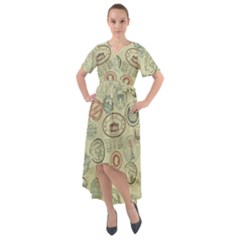 Beige Denim With Logos Front Wrap High Low Dress by ArtsyWishy