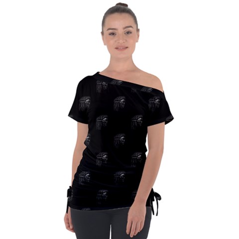 Arfican Head Sculpture Motif Print Pattern Off Shoulder Tie-up Tee by dflcprintsclothing