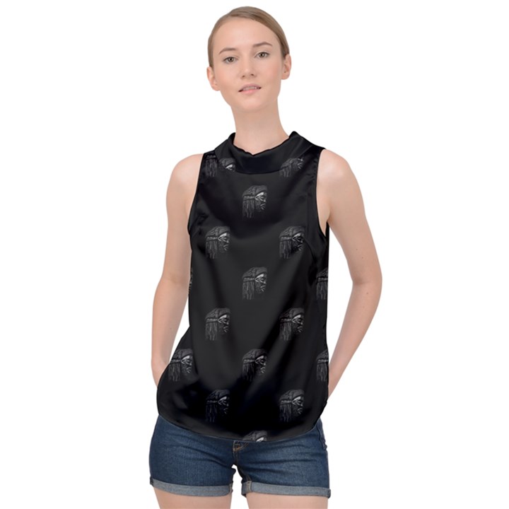 Arfican Head Sculpture Motif Print Pattern High Neck Satin Top