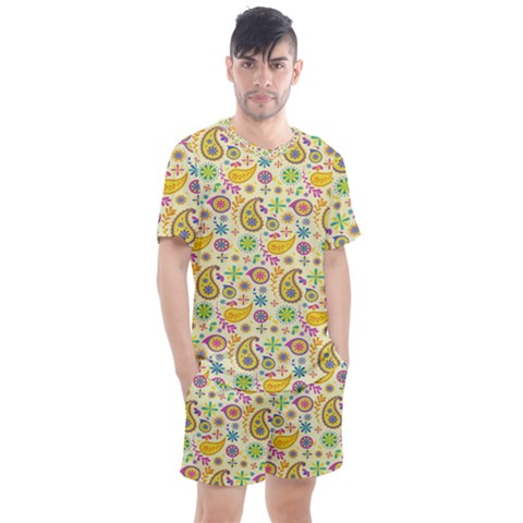 Paisley Print Yellow Men s Mesh Tee And Shorts Set by designsbymallika