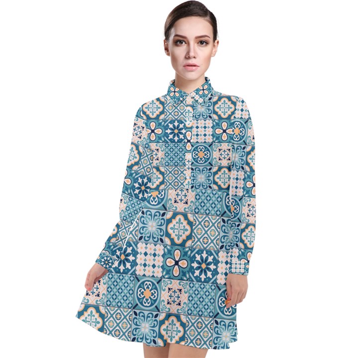 Ceramic Tile Pattern Long Sleeve Chiffon Shirt Dress