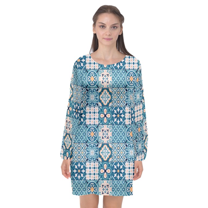 Ceramic Tile Pattern Long Sleeve Chiffon Shift Dress 