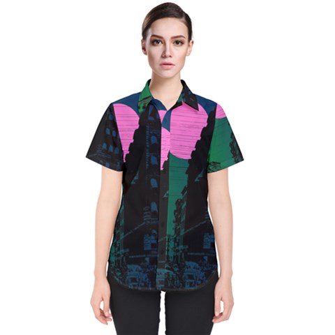 Vaporwave Old Moon Over Nyc Women s Short Sleeve Shirt by WetdryvacsLair