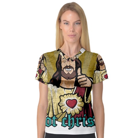 Buddy Christ V-neck Sport Mesh Tee by Valentinaart