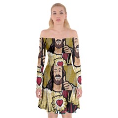 Buddy Christ Off Shoulder Skater Dress by Valentinaart