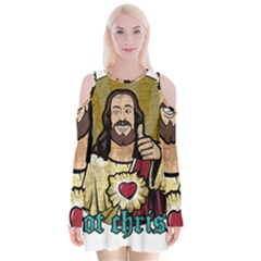 Buddy Christ Velvet Long Sleeve Shoulder Cutout Dress by Valentinaart