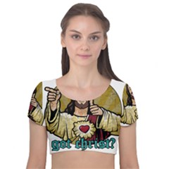 Buddy Christ Velvet Short Sleeve Crop Top  by Valentinaart