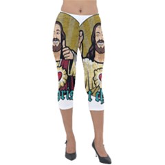 Buddy Christ Lightweight Velour Capri Leggings  by Valentinaart