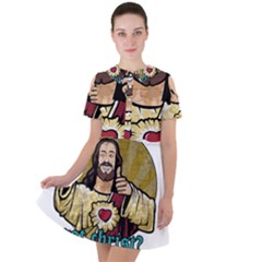 Buddy Christ Short Sleeve Shoulder Cut Out Dress  by Valentinaart