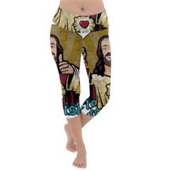 Buddy Christ Lightweight Velour Capri Yoga Leggings by Valentinaart