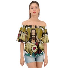 Buddy Christ Off Shoulder Short Sleeve Top by Valentinaart