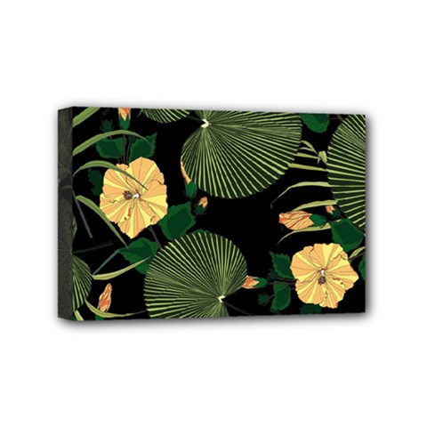 Tropical Vintage Yellow Hibiscus Floral Green Leaves Seamless Pattern Black Background  Mini Canvas 6  X 4  (stretched) by Sobalvarro