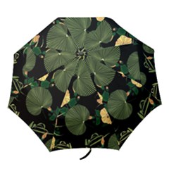 Tropical Vintage Yellow Hibiscus Floral Green Leaves Seamless Pattern Black Background  Folding Umbrellas by Sobalvarro