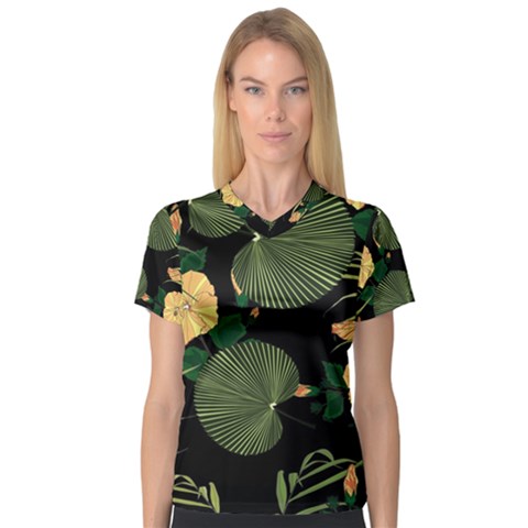 Tropical Vintage Yellow Hibiscus Floral Green Leaves Seamless Pattern Black Background  V-neck Sport Mesh Tee by Sobalvarro