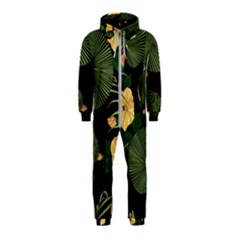 Tropical Vintage Yellow Hibiscus Floral Green Leaves Seamless Pattern Black Background  Hooded Jumpsuit (kids) by Sobalvarro