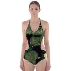 Tropical Vintage Yellow Hibiscus Floral Green Leaves Seamless Pattern Black Background  Cut-out One Piece Swimsuit by Sobalvarro