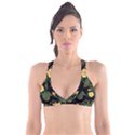 Tropical vintage yellow hibiscus floral green leaves seamless pattern black background. Plunge Bikini Top View1