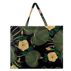 Tropical Vintage Yellow Hibiscus Floral Green Leaves Seamless Pattern Black Background  Zipper Large Tote Bag by Sobalvarro