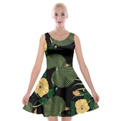 Tropical Vintage Yellow Hibiscus Floral Green Leaves Seamless Pattern Black Background  Velvet Skater Dress by Sobalvarro