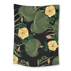 Tropical Vintage Yellow Hibiscus Floral Green Leaves Seamless Pattern Black Background  Medium Tapestry by Sobalvarro