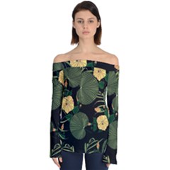 Tropical Vintage Yellow Hibiscus Floral Green Leaves Seamless Pattern Black Background  Off Shoulder Long Sleeve Top by Sobalvarro