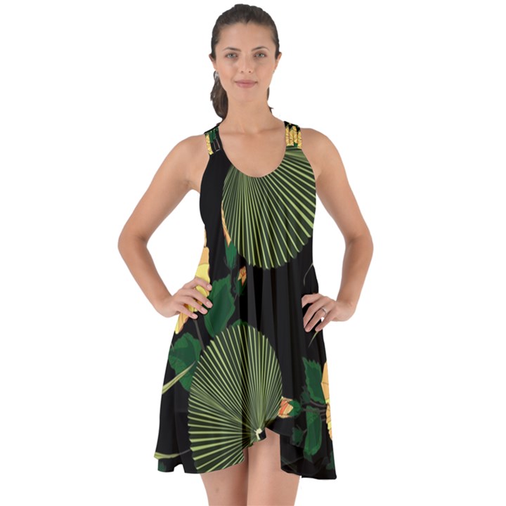 Tropical vintage yellow hibiscus floral green leaves seamless pattern black background. Show Some Back Chiffon Dress