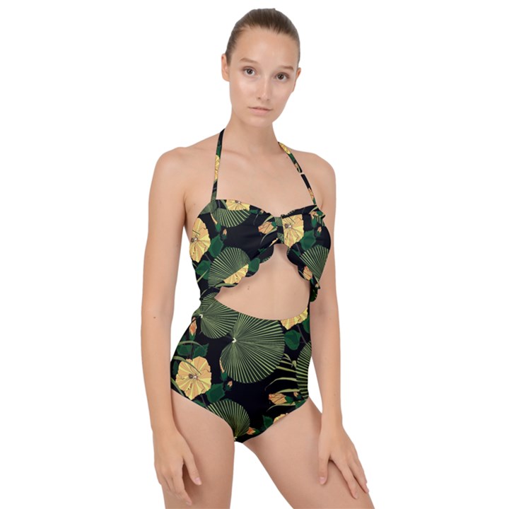 Tropical vintage yellow hibiscus floral green leaves seamless pattern black background. Scallop Top Cut Out Swimsuit