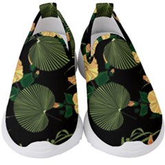 Tropical Vintage Yellow Hibiscus Floral Green Leaves Seamless Pattern Black Background  Kids  Slip On Sneakers by Sobalvarro