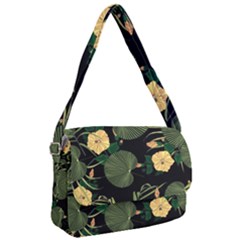 Tropical Vintage Yellow Hibiscus Floral Green Leaves Seamless Pattern Black Background  Courier Bag by Sobalvarro